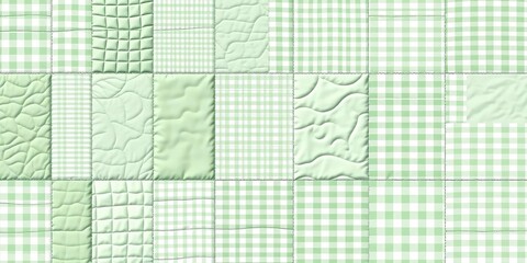 Mint green patchwork quilt with gingham, grid, and vichy check patterns Pastel green and white seamless vector design, grid, spring