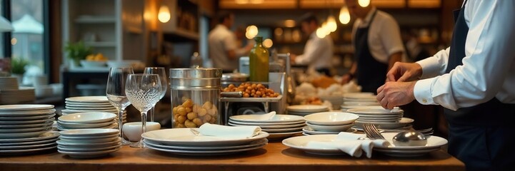 A busy waiter station overflowing with clean plates, silverware, and glasses, ready for the next dining rush  Efficient organization is key to seamless service , setup, tableware, establishment