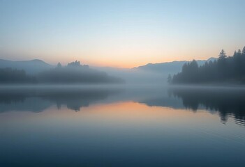 Fototapeta premium Misty dawn lake, soft light reflects on still water, empty space, ethereal, landscape