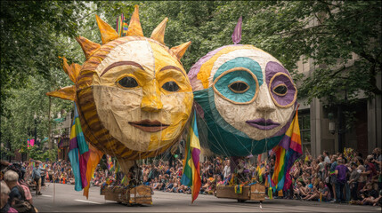 Whimsical giant balloon puppets at vibrant parade, celebrating joy and diversity