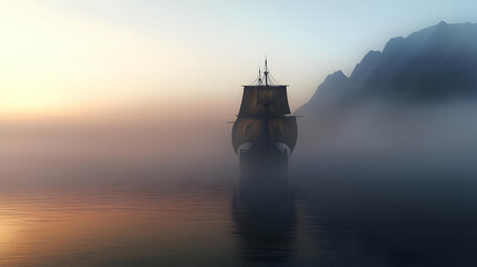 Antique Ship In Misty Sunrise Landscape