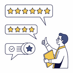 Happy businessman receives five star reviews feedback