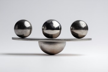 Three metallic spheres balanced on a horizontal bar, highlighting principles of physics and equilibrium.