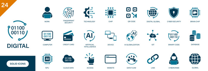 Digital icons. Containing digitization, chip, AI, data flow, fingerprint security, information technology. Solid vector icon set