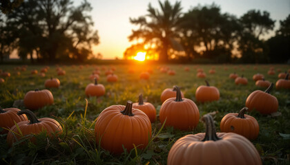 Pumpkins on grass in field with trees and sunset background.