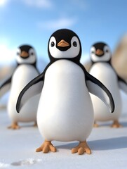 Three adorable cartoon penguins stand on snowy ground against a blurred icy landscape