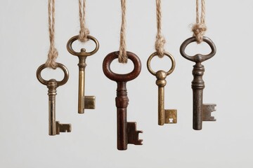 Vintage keys hanging on strings against a white background, symbolizing security and mystery.