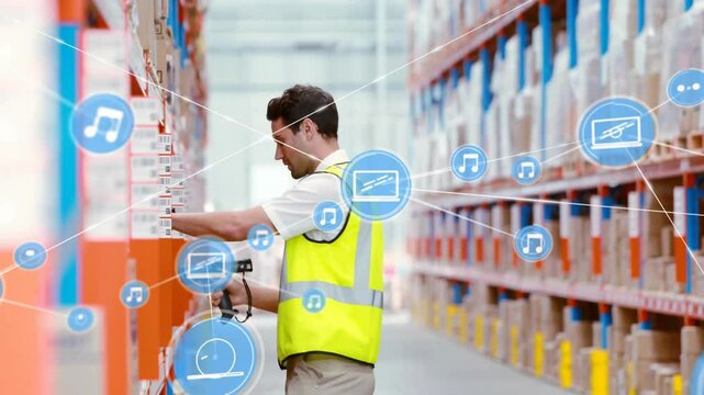 Warehouse associate scanning shelf labels in aisle, spawning blue icons mapping inventory network