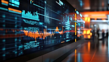 Large interactive display screen with data visualizations