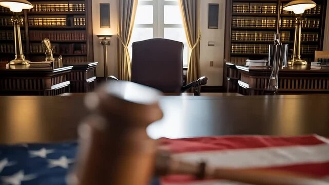 Judge&rsquo;s Gavel on American Flag in Courtroom