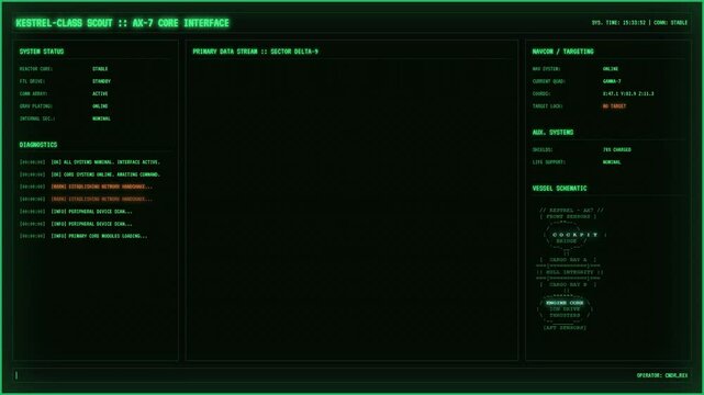 Retro green terminal UI with scrolling data streams, scanlines, flicker, and system boot animation. Ideal for hacker or old-school sci-fi computer screens.