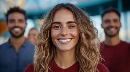 Obraz premium Smiling woman stands in foreground with light brown hair, surrounded by smiling men with blurry building background.