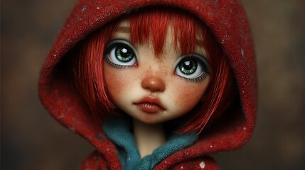 Adorable redhead doll wearing a red hoodie showcases striking green eyes and freckles in a captivating portrait.