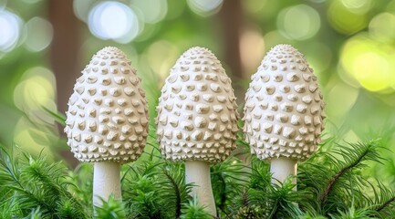 Three textured, off-white mushrooms on moss, blurred background