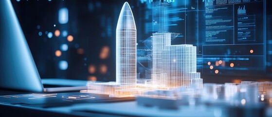 Digital city model projected on a desk, with overlaying code and data visualizations