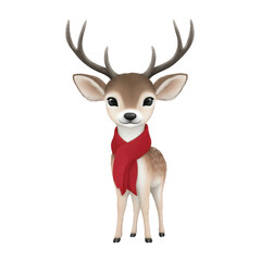 Cute cartoon deer with large antlers and red scarf stands facing forward, exuding charming and festive appearance. illustration captures whimsical and joyful essence