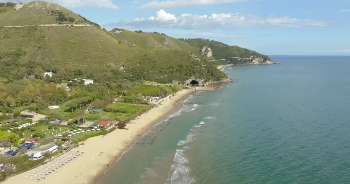 Aerial view of the archaeological park of the Roman villa and cave of Tiberius. It is a large Roman villa that belonged to the Roman emperor, located on the beach of Sperlonga, Lazio, Italy.