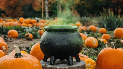 halloween pumpkin in the garden a black colored pot and green smog under the pot.