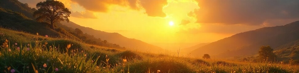 Fototapeta premium A serene landscape bathed in golden sunlight, conveying a sense of spiritual awakening and inner peace, inspiring contemplation and connection with the divine , ethereal, spirituality