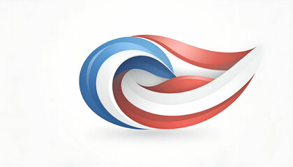 Abstract logo design with blue white and red curved stripes on white background.