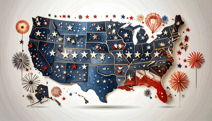 Artistic map of the United States featuring states stars and decorative elements.