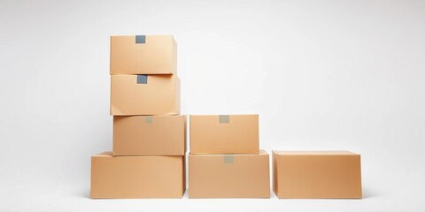 Neat stack of empty cardboard moving boxes on white background, background, delivery