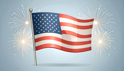 American flag waving with fireworks against a light blue background.