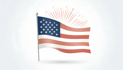 An American flag waving with sunburst rays against a white background.