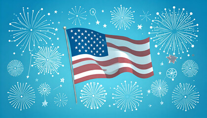 American flag waving with fireworks against a blue background celebrating a holiday.