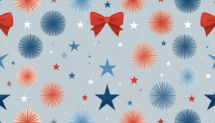 Festive pattern features stars bows and circular shapes in red white and blue.