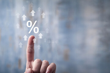 Human with a percent symbol and growing arrows. Business