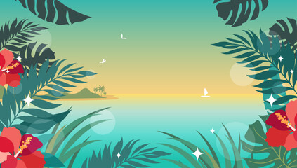 Summer background frame with leaves, flowers and sea in vector.