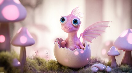 Cute pink baby dragon hatching from egg in magical mushroom forest