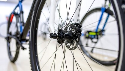 Bicycle front wheel detail with indoor shop.