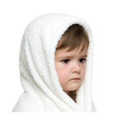 Young child wrapped in soft white towel looks contemplative. towel covers child head, creating cozy and serene atmosphere