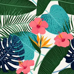 Tropical Leaves and Hibiscus, and Strelitzia Flowers seamless pattern. Bright Summer background. Flat Vector illustration