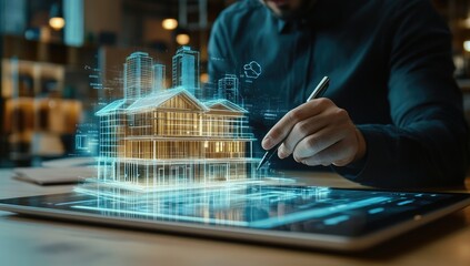 Architectural design, 3D model on tablet