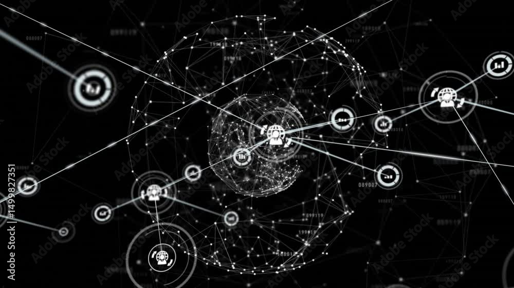 Poster white points coalescing into rotating sphere, user data icons branching expanding global network