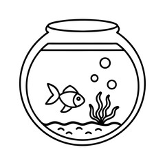 Simple line drawing of goldfish bowl with fish and plants