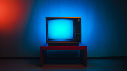 Old, retro television in a dark room with colorful lights