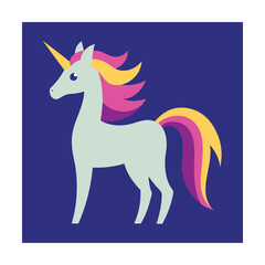 Whimsical illustration of a colorful unicorn with pink yellow and purple mane and tail