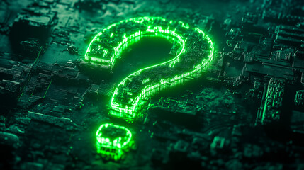 Glowing green question mark on a dark rocky background