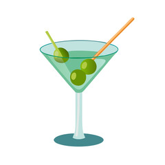 martini glass with green olives with Straw Vector Illustration