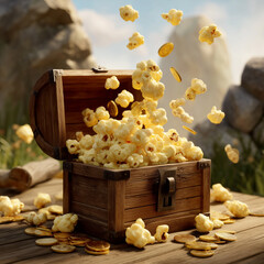 Chest overflowing with popcorn in fantasy scene