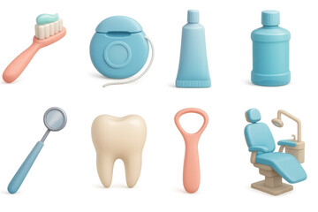 Dental essentials 3d set: oral hygiene, toothbrush, toothpaste icons in 3d style