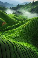 Fototapeta premium Tea plant with fresh lush leaves in plantation farm land in Spring.