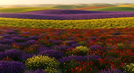 Fototapeta premium Rolling hills with flower fields in spring – golden hour
