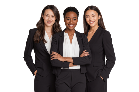 Three confident businesswomen in formal black suits smiling and standing together, showcasing teamwork, professionalism, and unity 