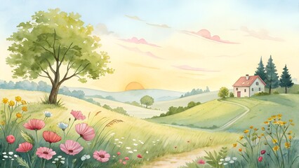 Fototapeta premium Paisaje rural sereno con flores y una puesta de sol 