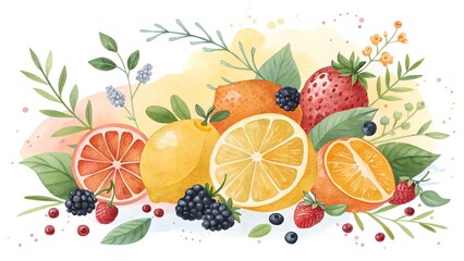 Colorido arreglo de frutas variadas con hojas y hierbas  